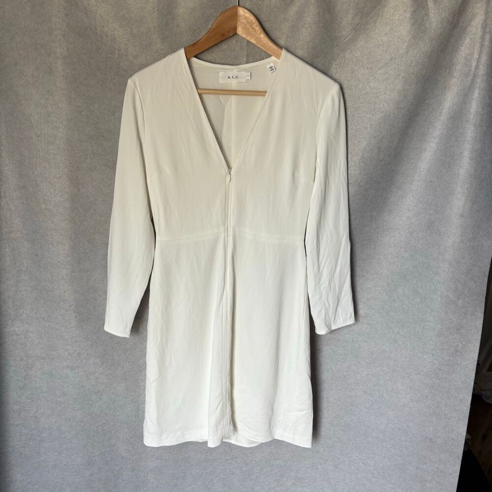 A.L.C. Front Zip Ivory Sheath Dress size 2 V-neck Minimalist Quiet Luxury